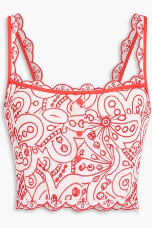 CHARO RUIZ IBIZA Tessa cropped broderie anglaise cotton-blend top - Orange - L