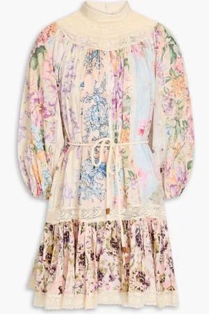 ZIMMERMANN Crocheted lace-trimmed floral-print cotton-gauze mini dress - White - 0