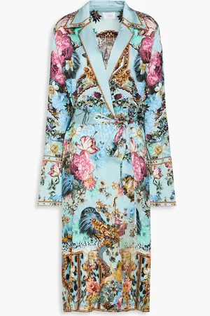Camilla Crystal-embellished printed silk-satin coat - Blue - L
