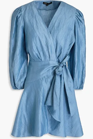 Maje Draped linen-blend twill mini wrap dress - Blue - FR 40