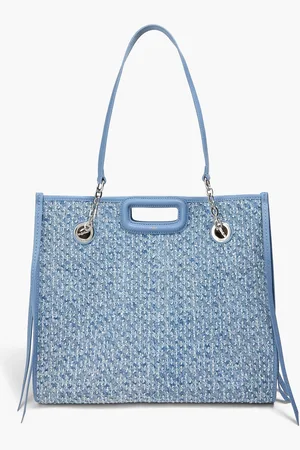 Maje Leather-trimmed distressed denim tote - Blue - OneSize