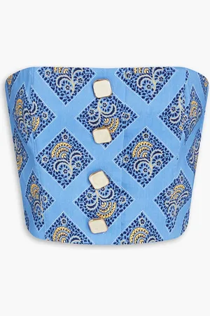 VERONICA BEARD Ziene strapless cropped printed linen-blend top - Blue - US 4