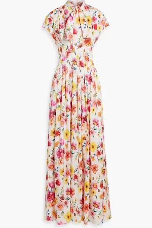 MIKAEL AGHAL Pussy-bow pleated floral-print satin maxi dress - White - US 6