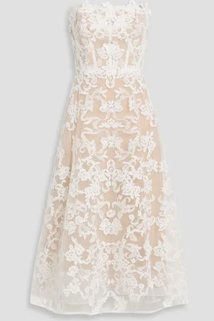 Marchesa Notte Strapless floral-appliquéd corded lace midi dress - White - US 6