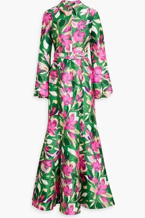 Badgley Mischka Belted floral-print satin-twill gown - - US 8