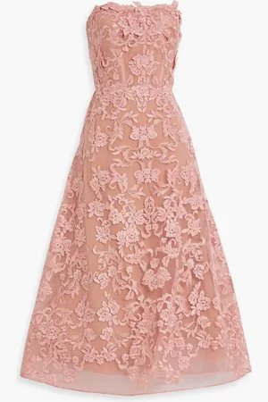 Marchesa Notte Strapless floral-appliquéd corded lace midi dress - Pink - US 12