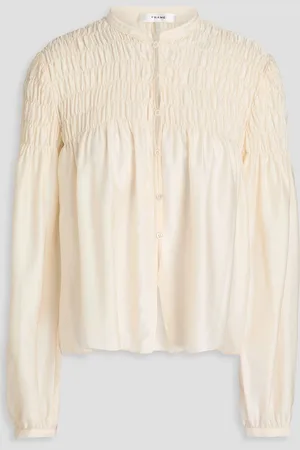 Frame Smocked silk and cotton-blend jacquard blouse - White - M