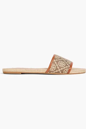 Tory Burch Leather-trimmed jacquard slides - Neutral - US 6.5