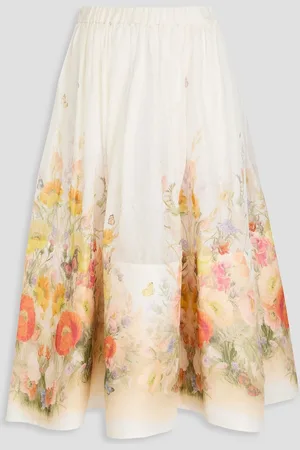 ZIMMERMANN Floral-print linen and silk-blend midi skirt - White - 0