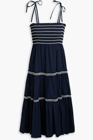 Tory Burch Convertible smocked cotton-blend poplin midi skirt - Blue - XL
