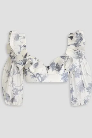 ZIMMERMANN Cropped ruffled floral-print plissé-organza top - White - 00