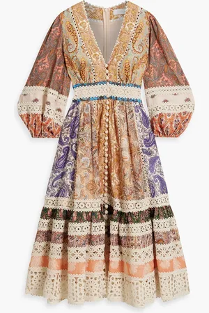 ZIMMERMANN Crochet-trimmed patchwork paisley-print linen midi dress - - 00