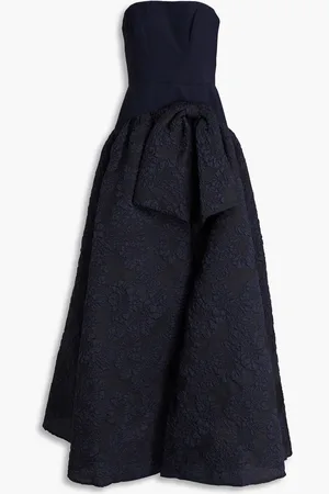 Marchesa Notte Strapless bow-detailed cloqué and crepe gown - Blue - US 12