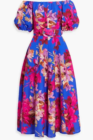 Nicholas Off-the-shoulder floral-print linen-blend midi dress - Blue - US 0
