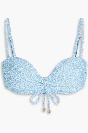 Heidi Klein Ruched printed stretch-piqué underwired bandeau bikini top - Blue - M