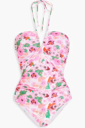 Ganni Ruched floral-print halterneck swimsuit - Pink - DE 32