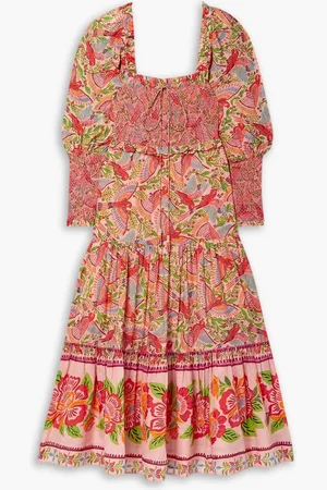Farm Rio Shirred tiered printed cotton-voile maxi dress - Pink - S