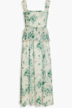 Ganni Shirred printed plissé-chiffon midi dress - Green - DE 42
