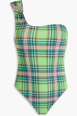 Ganni One-shoulder checked stretch-seersucker swimsuit - - DE 34