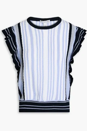 AUTUMN CASHMERE Ruffled striped pointelle-knit cotton top - Blue - S
