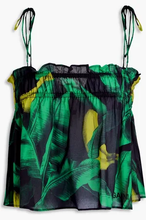 Ganni Cropped ruffled printed cotton-voile top - - DE 36