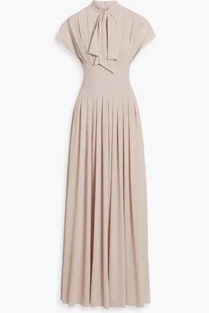 MIKAEL AGHAL Pussy-bow pleated chiffon maxi dress - Neutral - US 12