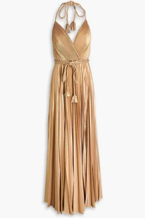 ALICE+OLIVIA Alice Olivia - Tresa pleated metallic crepe de chine halterneck maxi dress - Metallic - US 10