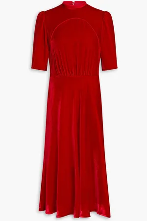 SALONI Dahlia gathered velvet midi dress - Red - UK 14