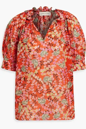 SALONI Josie printed cotton and silk-blend voile top - Orange - UK 16