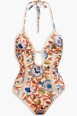 ZIMMERMANN June cutout floral-print halterneck swimsuit - Orange - 3