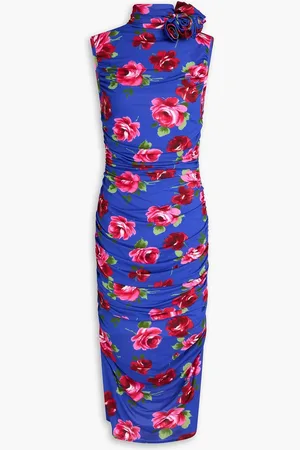 MAGDA BUTRYM Floral-appliquéd ruched printed jersey midi dress - Blue - FR 40