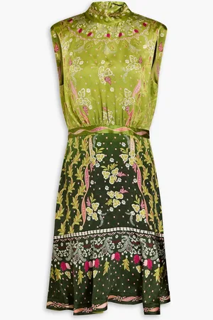 SALONI Fleur floral-print silk-satin mini dress - Green - UK 10