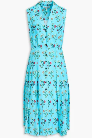 SALONI Eddie floral-print linen midi shirt dress - Blue - UK 12