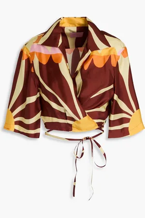 Sandro Cropped printed silk-till wrap blouse - - 4