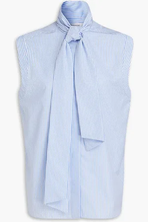 Another Tomorrow Tie-neck striped cotton-poplin blouse - Blue - IT 40