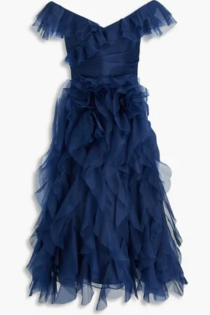 Marchesa Notte Off-the-shoulder ruffled silk-organza midi dress - Blue - US 2
