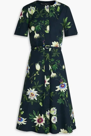 Oscar de la Renta Belted floral-print stretch-cotton poplin midi dress - Blue - US 10