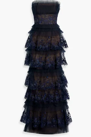 Marchesa Notte Strapless tiered embellished tulle gown - Blue - US 2