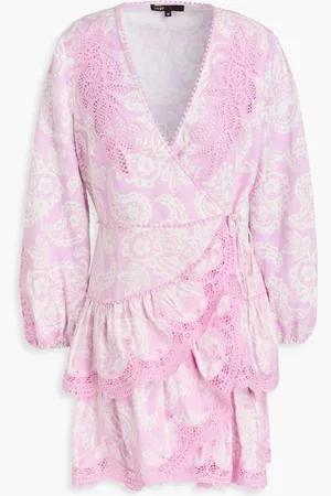 Maje Ruffled paisley-print linen-blend mini wrap dress - Purple - FR 36