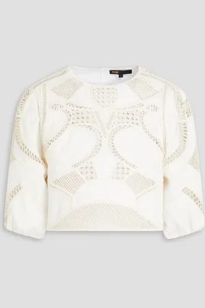 Maje Cropped macramé-paneled cotton-gabardine top - White - 4