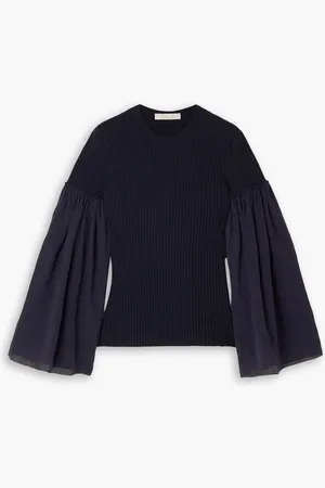 Chloé Chiffon-trimmed ribbed wool and cashmere-blend sweater - Blue - FR 34