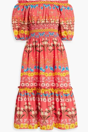 Cara Cara Off-the-shoulder floral-print cotton-poplin midi dress - Orange - XS