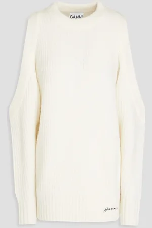 Ganni Cold-shoulder ribbed-knit sweater - White - L