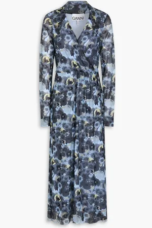 Ganni Floral-print mesh midi wrap dress - Blue - DE 38