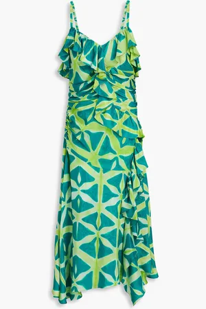 ULLA JOHNSON Zoya ruffled printed silk-satin midi dress - Green - US 2