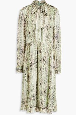 MIKAEL AGHAL Pussy-bow metallic snake-print jacquard dress - Green - US 6