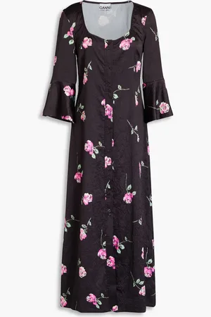 Ganni Floral-print crinkled-satin midi dress - - DE 34