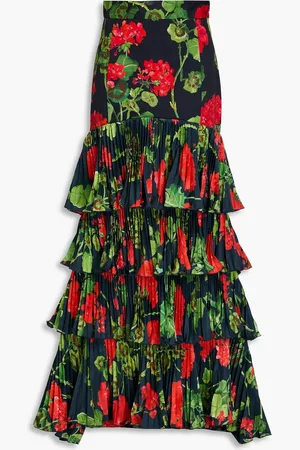 Oscar de la Renta Tiered floral-print plissé-satin and cotton-blend twill maxi skirt - Blue - US 10