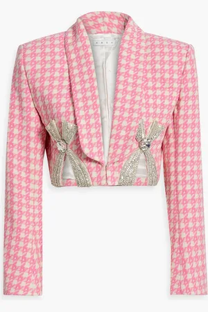 AREA Cropped embellished houndstooth wool-blend tweed blazer - - US 12