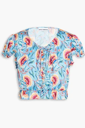 Paco rabanne Ruffled cropped floral-print satin top - Blue - FR 34
